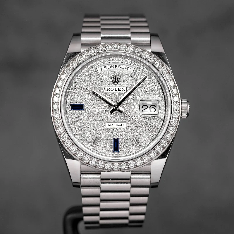 men's Rolex watches with fluted bezel -​DAYDATE 40MM WHITEGOLD DIAMONDS & SAPPHIRES PAVED DIAL DIAMOND BEZEL (2019)