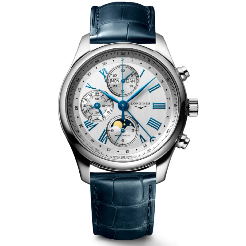 Women's Pilot Watches for Timeless Style-Longines Master Chrono Moonphase Silver Dial Men 42mm