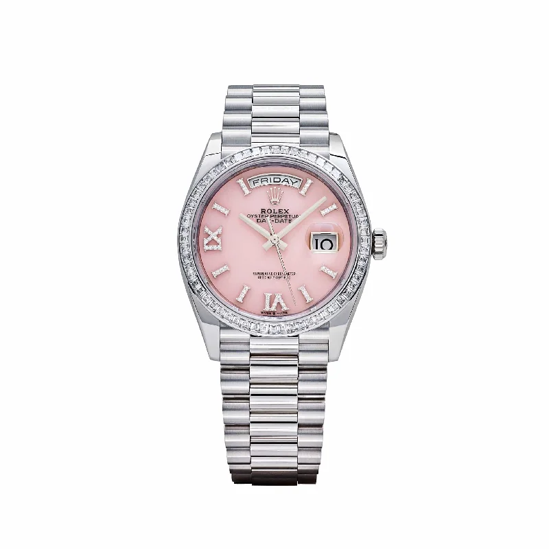Best Rolex men's watches under $5000 for luxury collectors -Rolex Day-Date 128396TBR Platinum Pink Opal Diamond Dial and Bezel (2023)