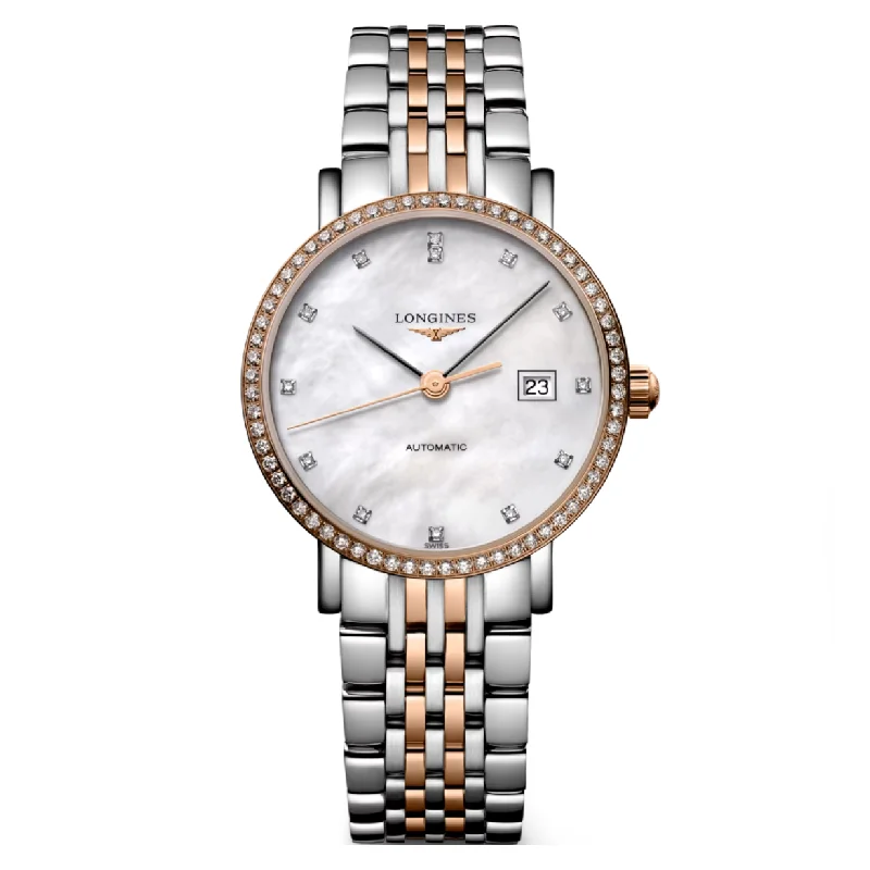 Women's Pilot Watches with UV Sensor-Longines Elegant Collection White Mother-Of-Pearl Dial Women 29mm