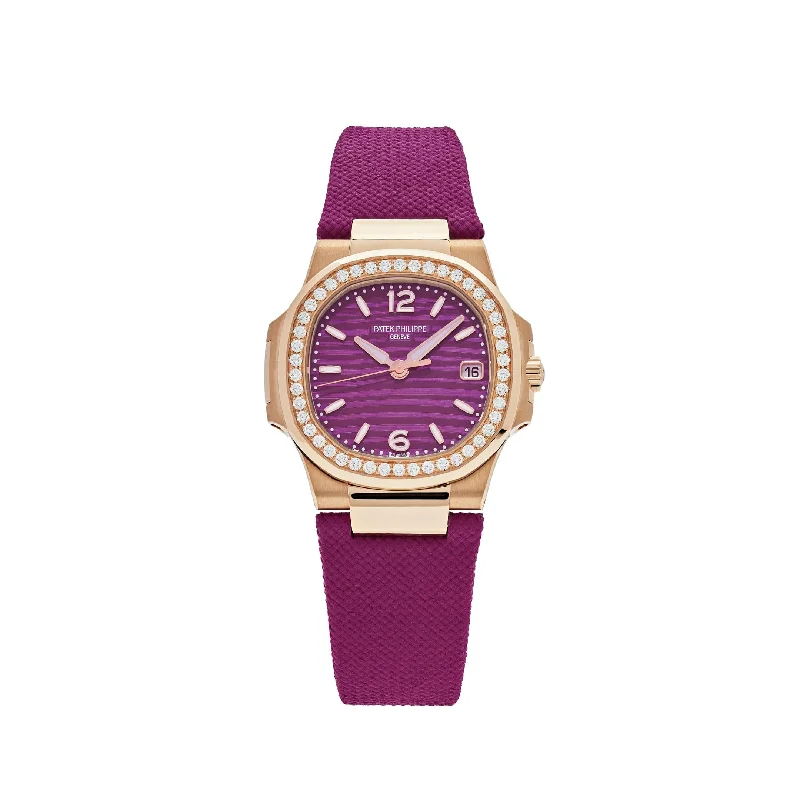 Men's Patek Philippe Watches with Anniversary Editions-Patek Philippe Nautilus 7010R-013 'Ladies' Rose Gold Purple Dial Diamond Bezel (2024)