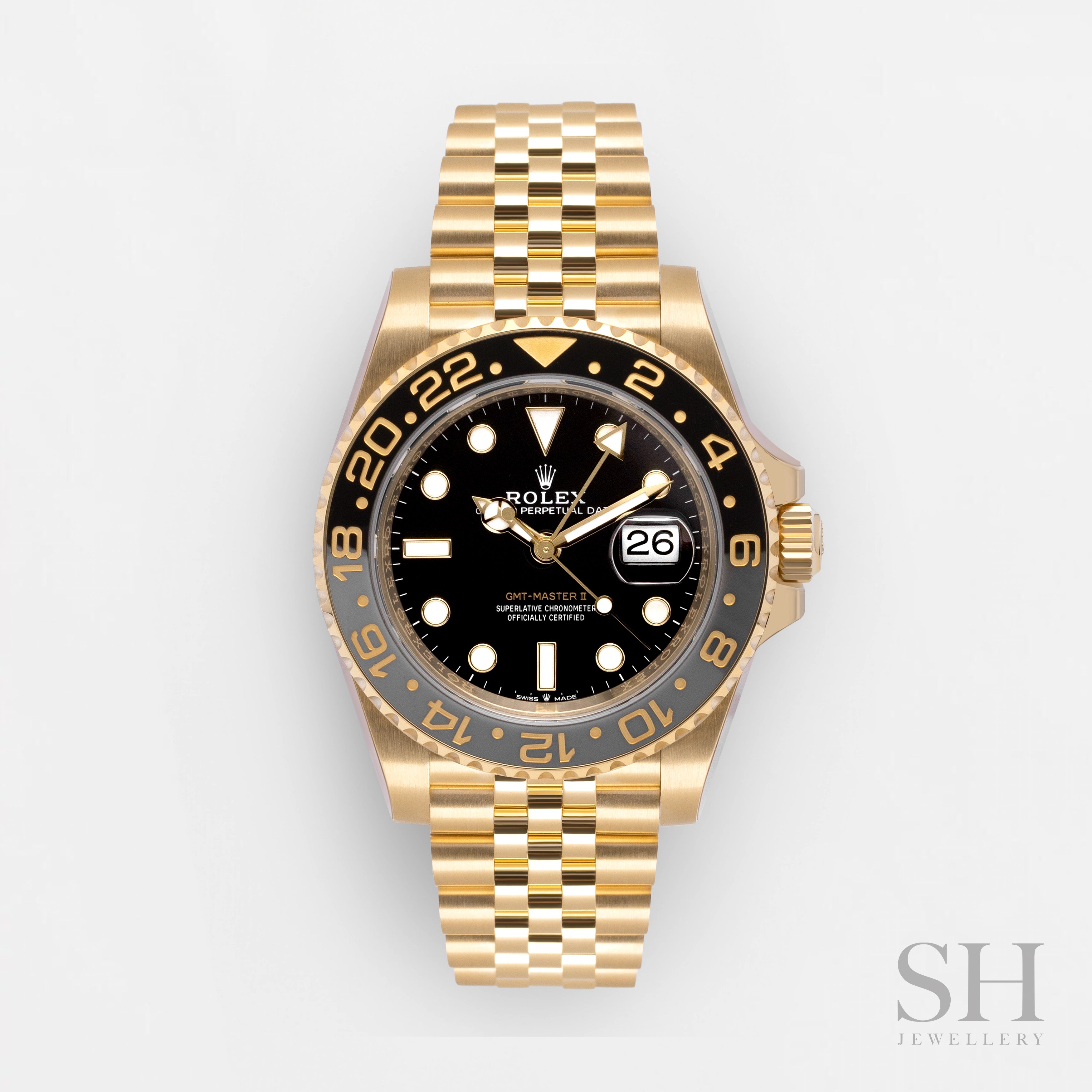 men's Rolex watches with screw-down crown -​Rolex GMT-Master II 40mm YG Black Dial Button Markers 2024 Ref m126718grnr-0001 (#858)
