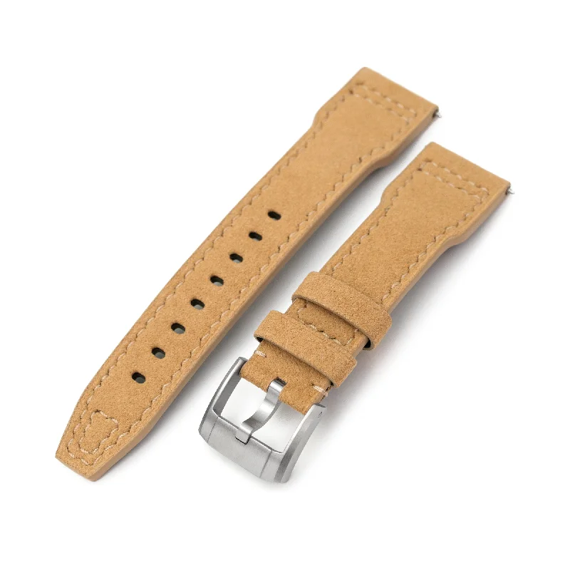 Men's Military Watches for Duty-Free Shopping-Khaki Alcantara Fabric Quick Release Watch Band, Beige Stitching, 20mm, 21mm or 22mm