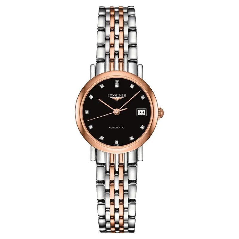 Women's Pilot Watches with Barometer Calibration-Longines Elegant  Black Dial Women 25.5mm
