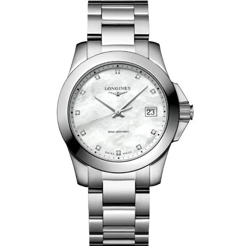 Women's Pilot Watches with Luxury Materials-Longines Conquest White Mother-Of-Pearl Dial Women 34mm