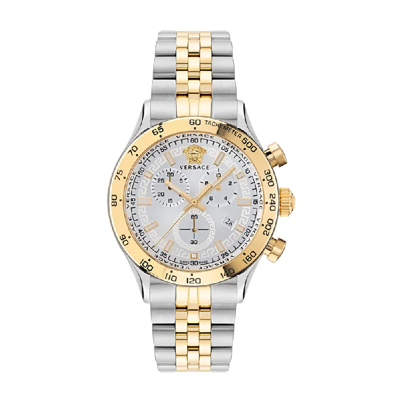 Women's Chronograph Watches for Technological Innovation-Versace Hellenyium White Silver Dial Round Case Swiss Quartz Chronograph Men Watch