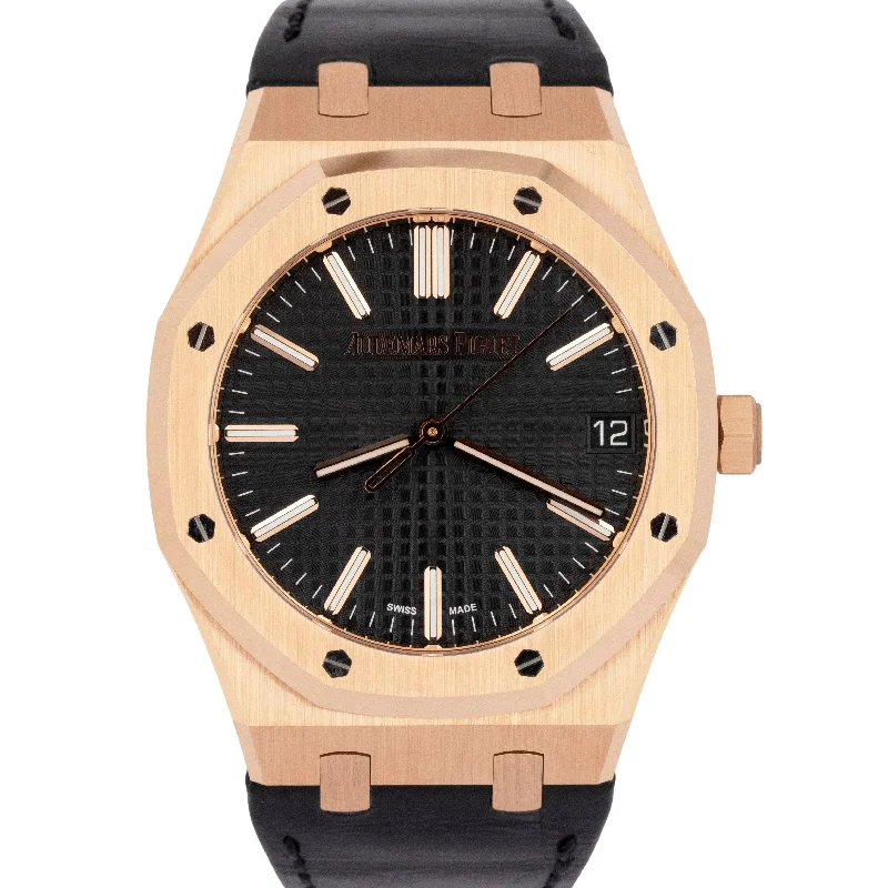Audemars Piguet Casual Wear Style Watches for Women-PAPERS Audemars Piguet Royal Oak Black 41mm Rose Gold 15510OR.OO.D002CR.02 BOX