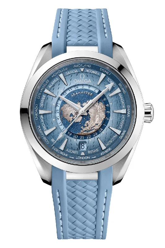 Men's Automatic Wind Dress Watches for Mechanical Movement-Omega Seamaster 75th Anniversary Aqua Terra 150M Co‑Axial Master Chronometer GMT Worldtimer 220.12.43.22.03.002