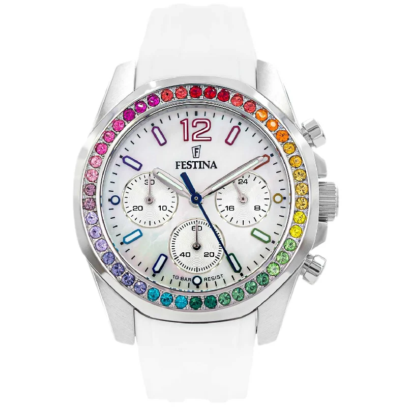 Men's Unique Shape Dress Watches for Fashion Statement-Festina Chrono Rainbow Ladies White Watch F20610/2
