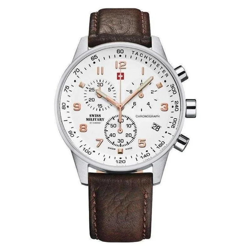 Men's Military Watches with Community Engagement-Swiss Military Brown Leather White Dial Chronograph Men's Watch - SM34012.11