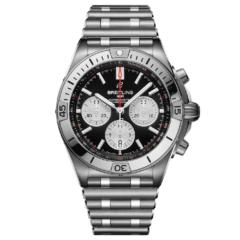 Women's Chronograph Watches with Smart Features-Breitling Chronomat B01 42mm Black Dial Automatic Chronograph Gents Watch AB0134101B1A1