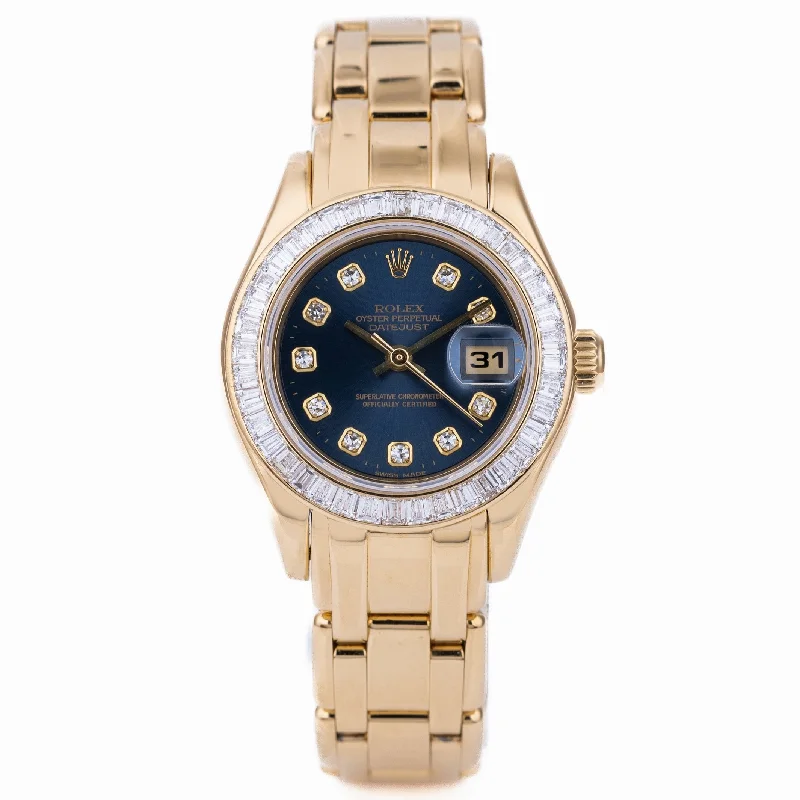men's Rolex watches with linen dial -​Rolex DateJust Pearlmaster | REF. 69308 | Blue Diamond Dial | Baguette Diamond Bezel | Papers | 2001 | 18k Yellow Gold