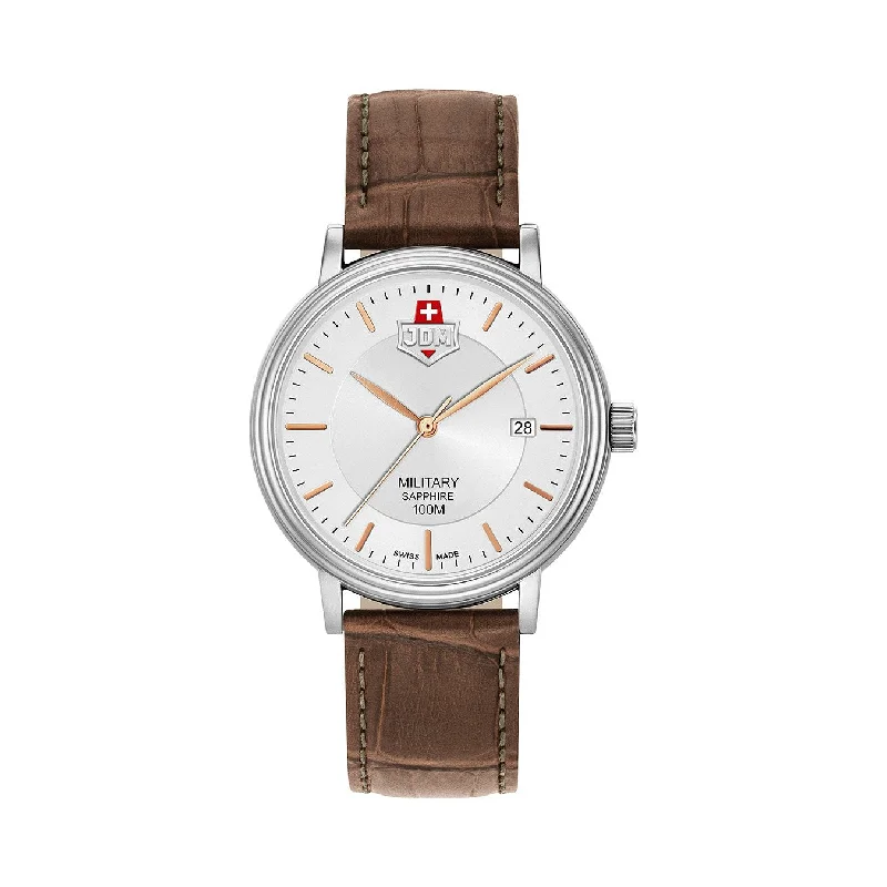 Men's Military Watches for Cultural Exchange Programs-JDM Military Kilo Men's Tan Leather Strap Watch JDM-WG004-05 – Swiss Made, 40mm, Sapphire Crystal, 10 ATM Water Resistance, Date Function