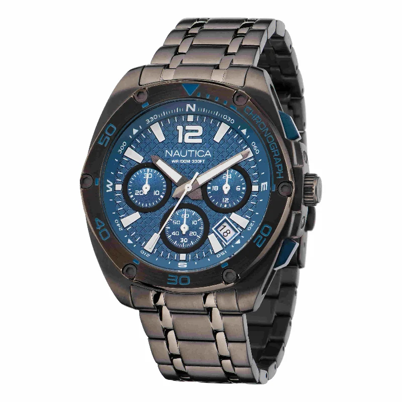 Women's Chronograph Watches for High-End Collectors-Nautica Tin Can Bay Blue Dial Round Case Quartz Chronograph Analog Men Watch