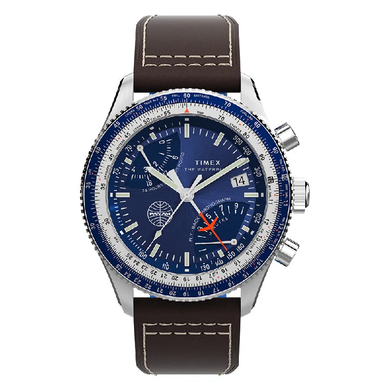 Men's Chronograph Watches for Modern Aviation-Timex Fly Back Chronograph x Pan Am  43mm Leather Band