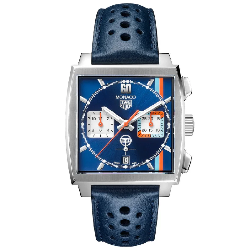 Women's Chronograph Watches with Smart Features-TAG Heuer Monaco X Gulf Special Edition 39mm Automatic Chronograph Watch CBL2115.FC6494