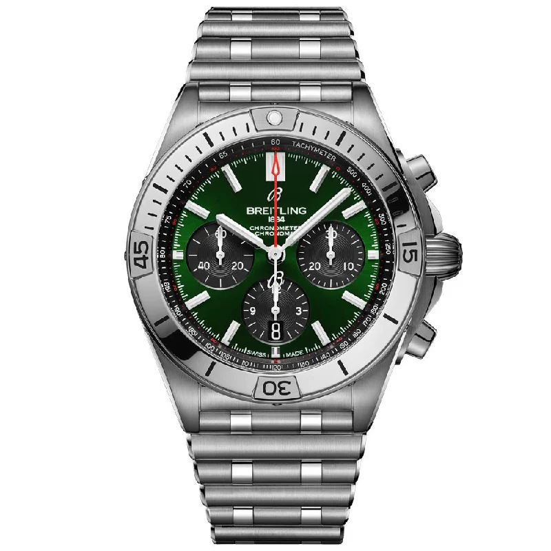 Women's Chronograph Watches with Altimeter Calibration-Breitling Chronomat B01 42mm Green Dial Automatic Chronograph Gents Watch AB0134101L1A1