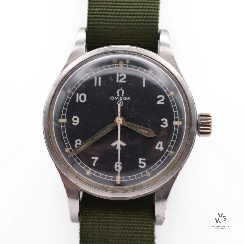 Men's Military Watches for Fashion Statement-Omega - RAF - 6B Fat Arrow - Caseback Reference 6645 101000 - 1953 - Model Reference 2777-1
