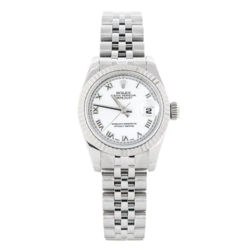men's Rolex watches with guilloché dial -​Rolex Lady Datejust Stainless Steel White Roman Dial Fluted Jubilee 26mm 179174