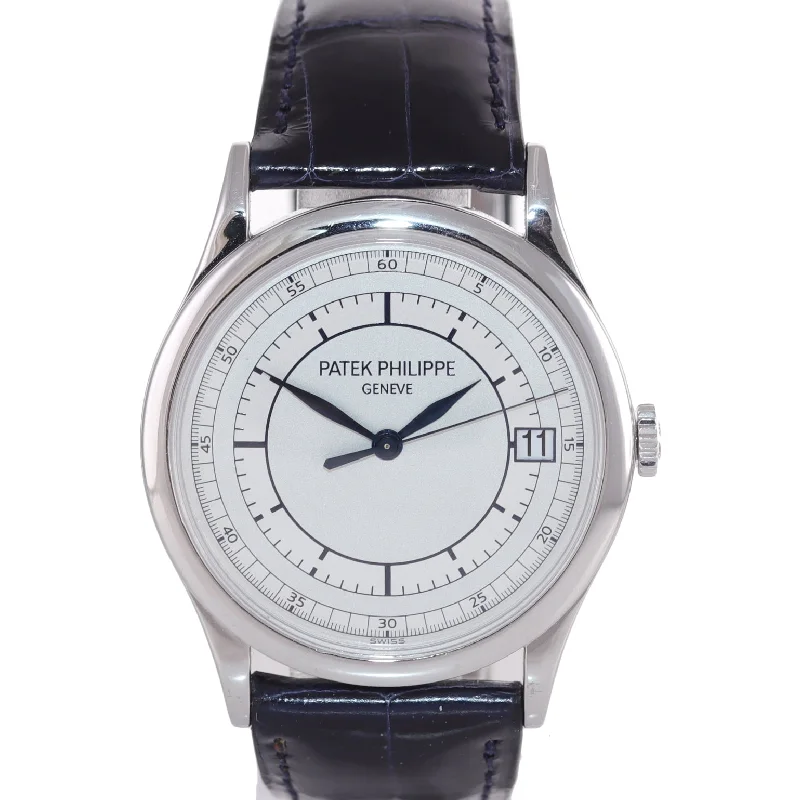 Women's Patek Philippe Retro Style Watches-Patek Philippe 5296G 38mm 18k White Gold Blue Leather Calatrava Sector Dial