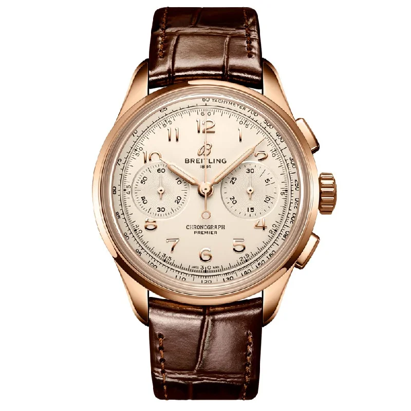 Women's Chronograph Watches for Temperature Monitoring-Breitling Premier B09 Chronograph 40mm Cream Dial 18ct Rose Gold Manual Wound Gents Watch RB0930371G1P1
