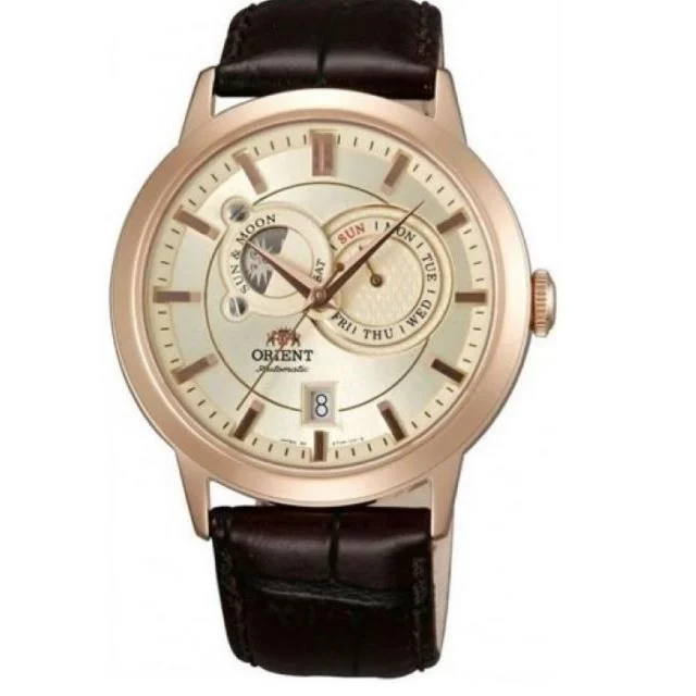 Men's Chronograph Watches with Thermometer Function-Orient Men's FET0P001W0 Sun and Moon Moonphase Automatic Brown Leather Watch