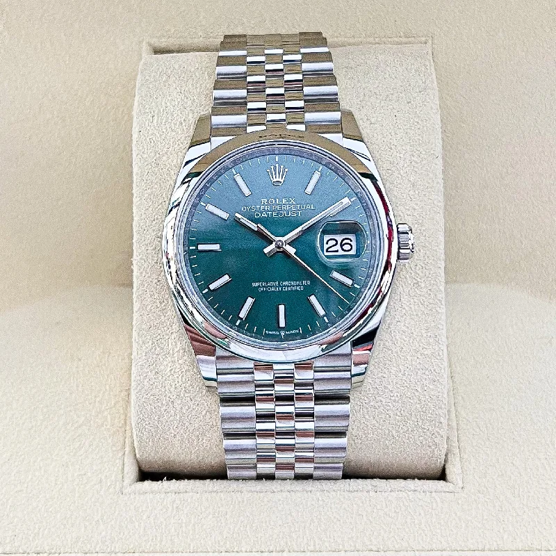 men's Rolex watches with Clous de Paris dial -​Rolex Datejust36 36mm Steel Mint Green Dial Stick Markers 2024 Ref m126200-0023 (#850)