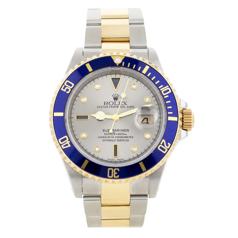 men's Rolex watches with emerald bezel -​Rolex Submariner Date Steel & Yellow Gold Silver Serti Dial 40mm 16613 Full Set