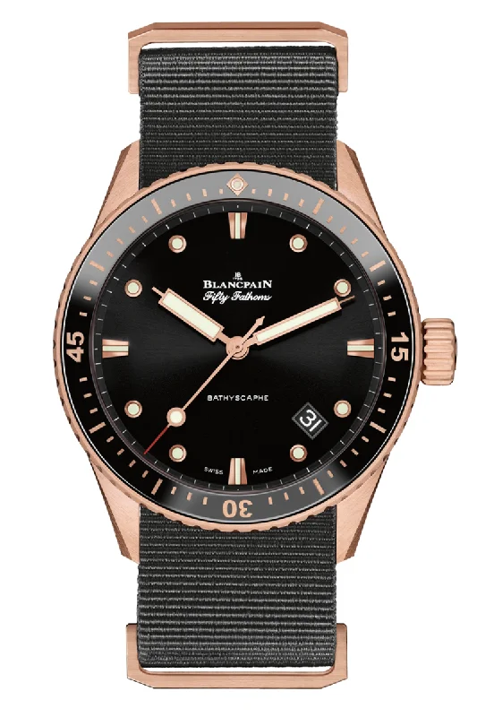 Men's Japanese Made Dress Watches for Reliability-Blancpain Fifty Fathoms Bathyscaphe Rose Gold 5000 36S30 NABA