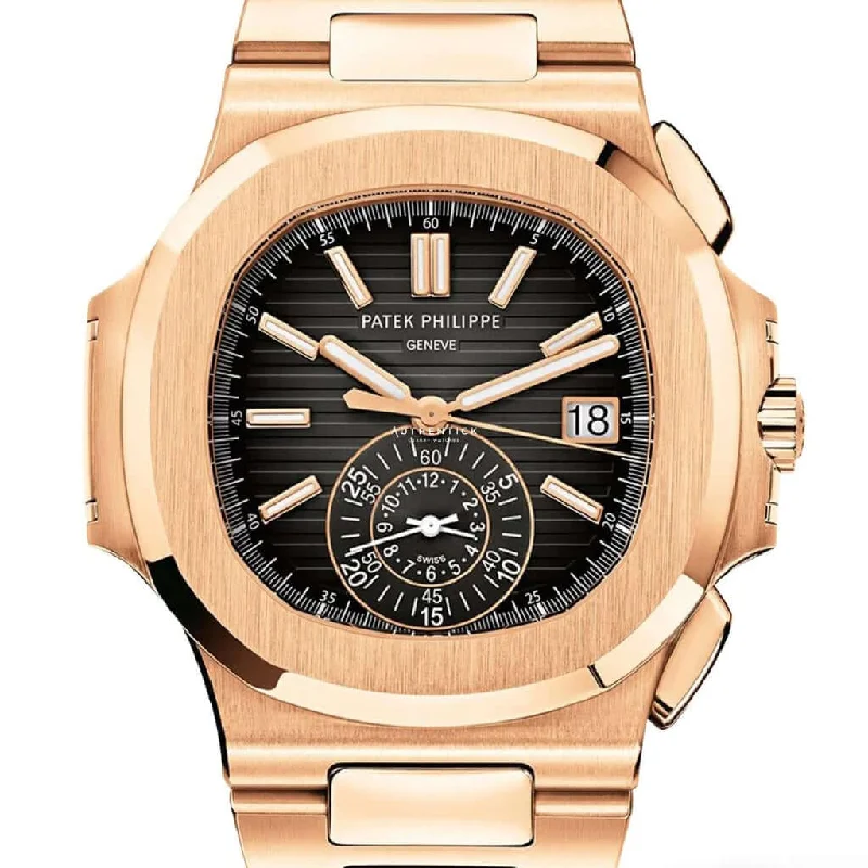 Men's Patek Philippe Watches with Advanced Navigation-Patek Philippe Nautilus Chronograph Rose Gold Black Dial 5980/1R-001