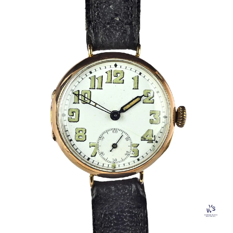 Men's Military Watches for Scuba Diving-9k Gold Military Trench Watch - WW1  with Lumed Number White Dial - c.1916