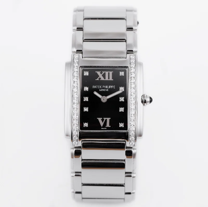 Men's Patek Philippe Watches for Retro Charm-Patek Philippe Twenty-4 | REF. 4910/010 | Black Diamond Dial & Bezel | Stainless Steel