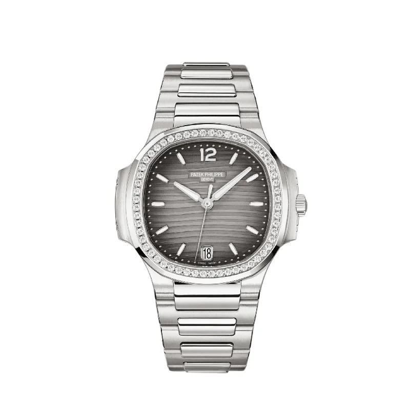 Men's Patek Philippe Watches with Aviation Theme-Patek Philippe Nautilus 7118/1200A-011 Ladies' Stainless Steel Gray Dial Diamond Bezel