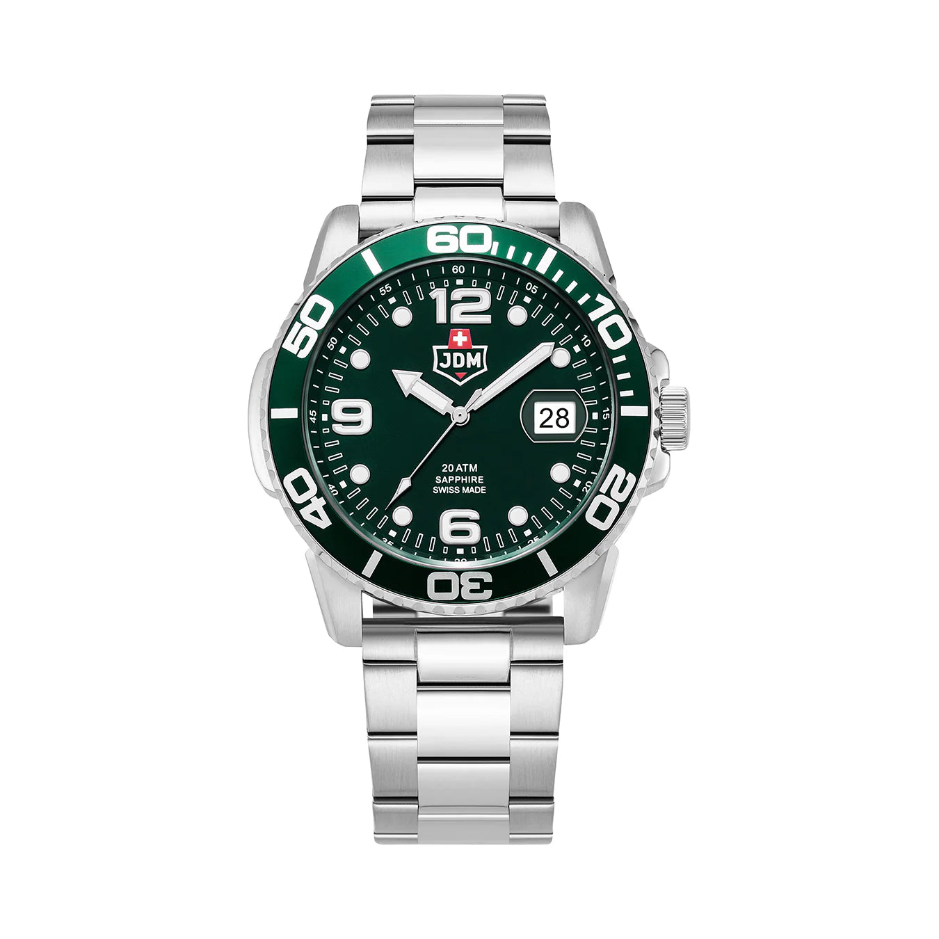 Men's Military Watches for Intelligence Surveillance-JDM Military Mike Men's Green Dial Watch JDM-WG020-04 – Swiss Made, 44mm, Sapphire Crystal, Quartz, 20 ATM, Stainless Steel, Silicone Strap