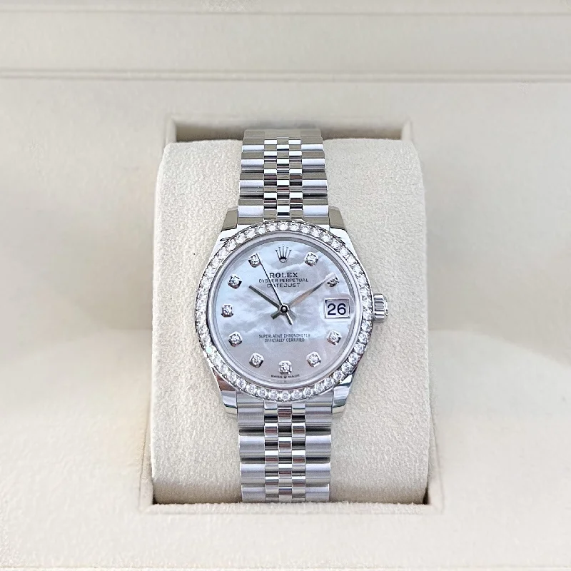 men's Rolex watches with smooth bezel -​Rolex Datejust31 31mm Steel/WG MOP Dial Diamond Markers 2024 Ref m278384rbr-0008 (#818)