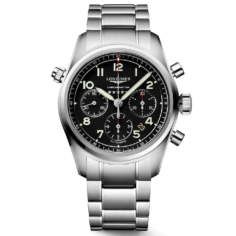 Women's Chronograph Watches for Fitness Tracking-Longines Spirit 42mm Black Dial Automatic Chronograph Gents Watch L3.820.4.53.6