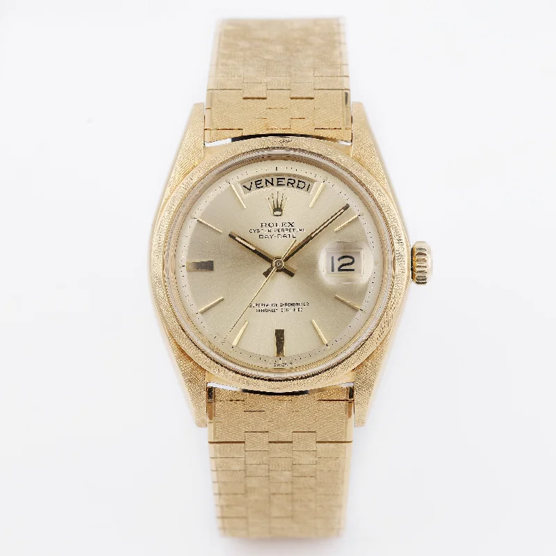 men's Rolex watches with dual time zones -​Rare Rolex Day-Date Florentine Finish | REF. 1806 | Gold Dial | 18k Yellow Gold | 1967