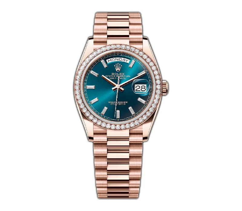 men's Rolex watches with sunburst dial -​36mm 18k RG President Diamond Bezel Blue-Green Baguette Diamond Dial