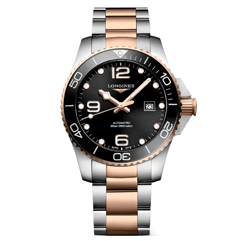 Women's Pilot Watches with Personalized Engraving-Longines Hydroconquest Sunray Black Dial Men 43mm