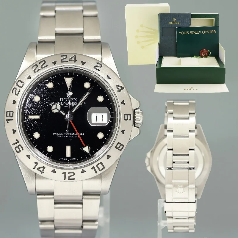 Women's Rolex Cushion Case Watches-2007 NO HOLES Rolex Explorer II 16570 Stainless Steel Black Date GMT 40mm Watch Box