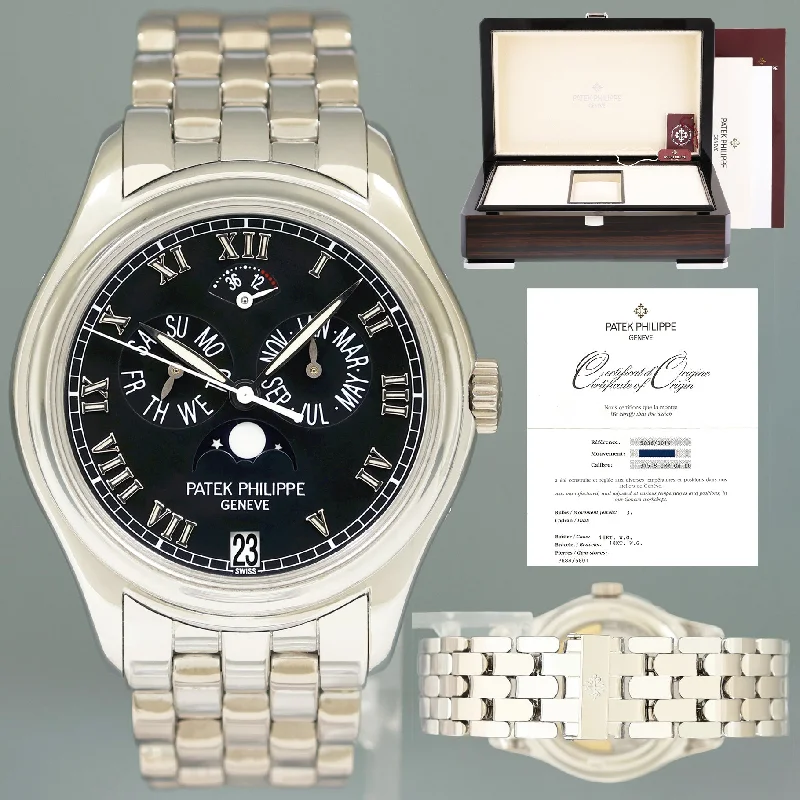 Women's Patek Philippe Hand-Wound Style Watches-PAPERS & SERVICE Patek Philippe 5036G White Gold 37mm Annual Calendar Black Dial Watch