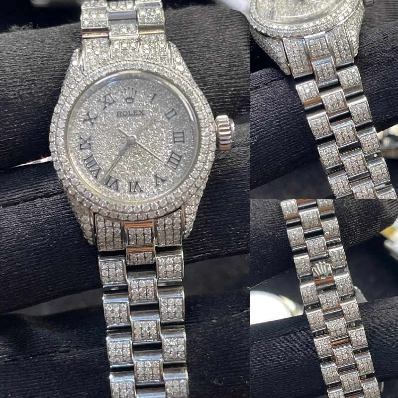 men's Rolex watches with skeleton dial -​26mm iced out Stainless steel president style band with Iced out Diamond dial