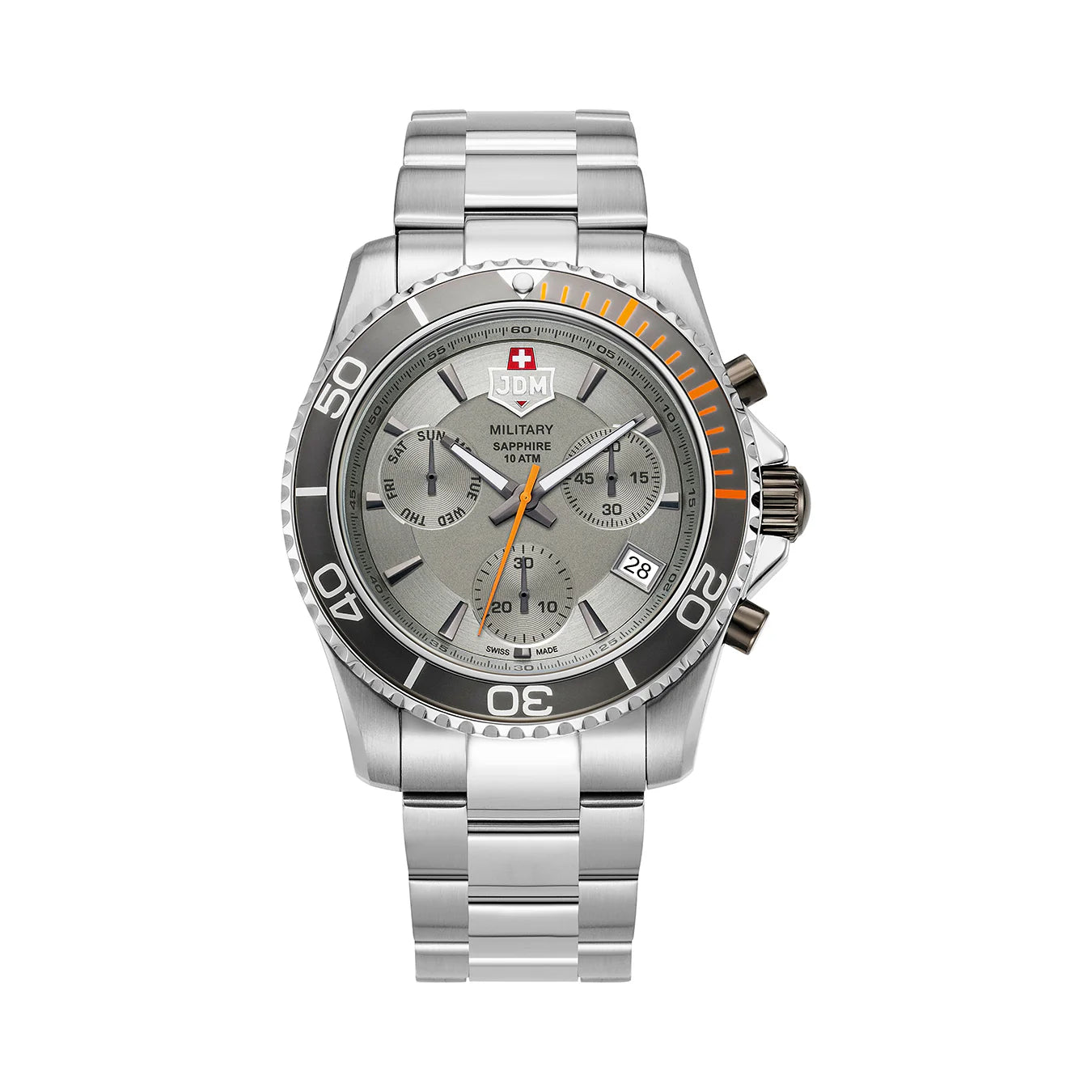 Men's Military Watches for Hostage Rescue Teams-JDM Military Sierra Chrono Men's Grey Dial Watch JDM-WG019-03 – Swiss Made, 43mm, Sapphire Crystal, Chronograph, 5 ATM, Stainless Steel Bracelet