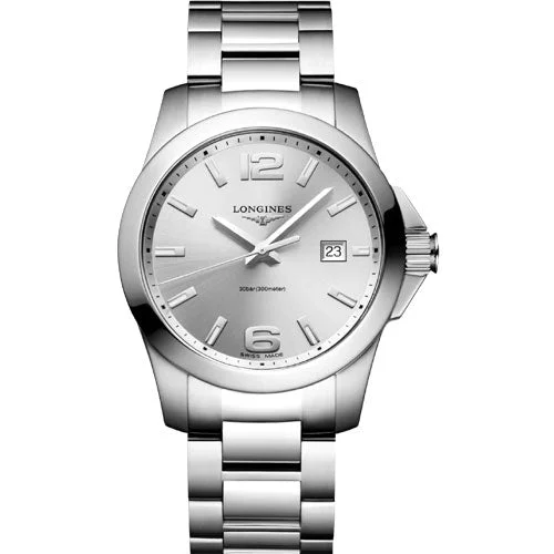 Women's Pilot Watches with Local Brand Support-Longines Conquest Sunray Silver Dial Men 41mm