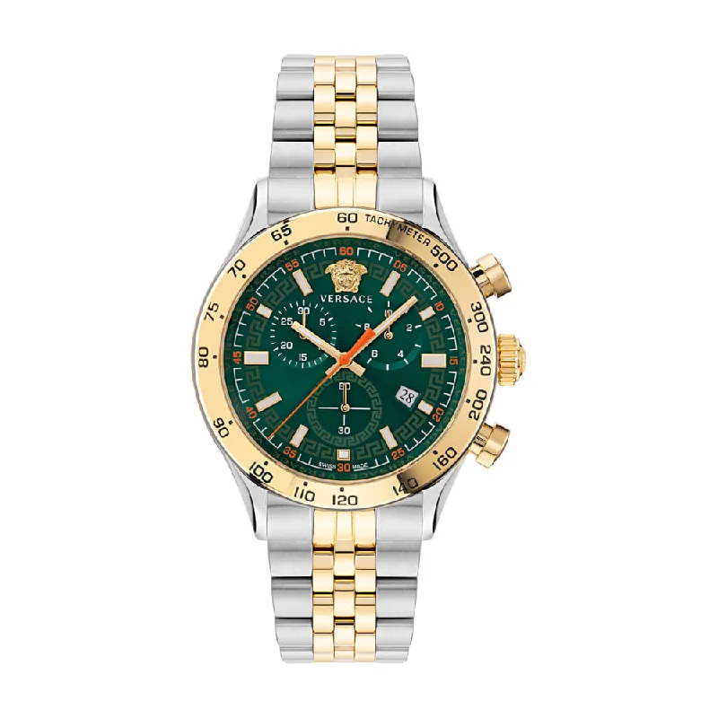 Women's Chronograph Watches with Advanced Materials-Versace Hellenyium Green Dial Round Case Swiss Quartz Chronograph Men Watch