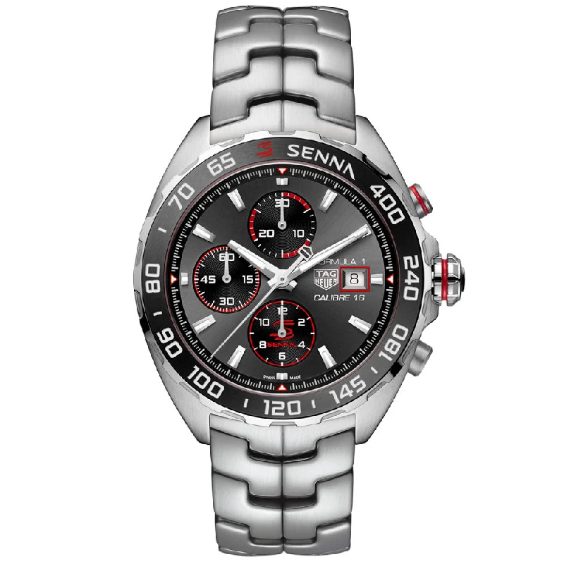 Women's Chronograph Watches for High-End Collectors-TAG Heuer Formula 1 SENNA Special Edition 44mm Grey Dial Automatic Gents Watch CAZ201D.BA0633