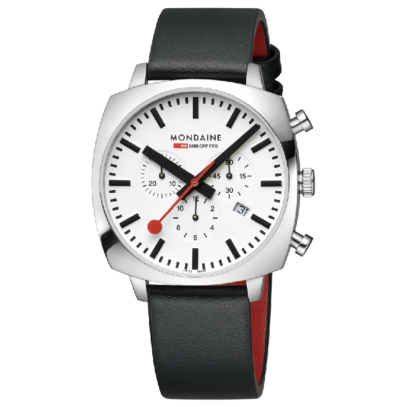 Chronograph Watches for Men Online-MSL.41410.LBV.SET Mondaine Official Swiss Railways Grand Cushion 41mm Vegan Grape Leather Watch Set