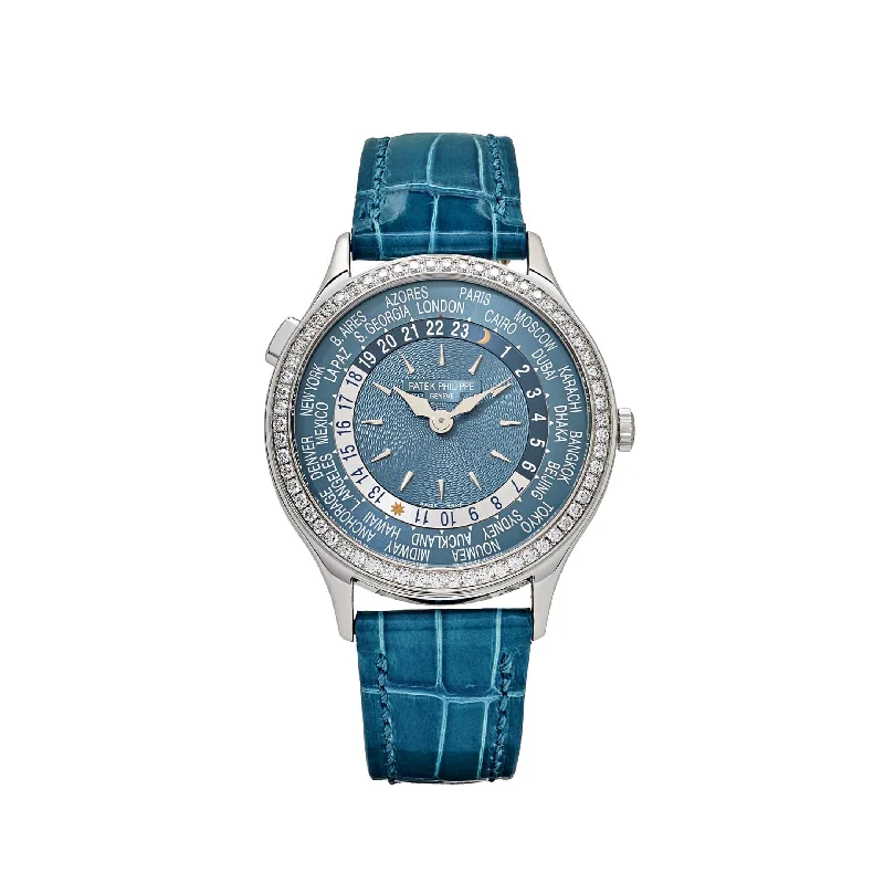 Men's Patek Philippe Watches for Emergency Signaling-Patek Philippe Complications 7130G-016 Ladies World Time l White Gold Gray-Blue Dial lDiamond Bezel (2024)