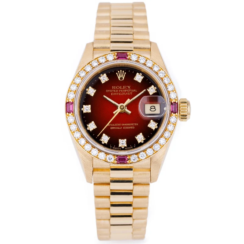 men's Rolex watches with sapphire crystal -​Rolex Lady DateJust | REF. 69068 | Diamond & Ruby Dial Bezel | 18k Yellow Gold | 1993