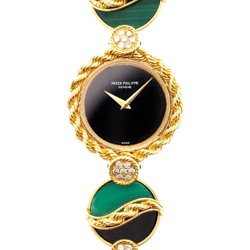 Men's Patek Philippe Watches with Personalized Engraving-Patek Philippe Onyx, Malachite & Diamond Watch Ref. 4282